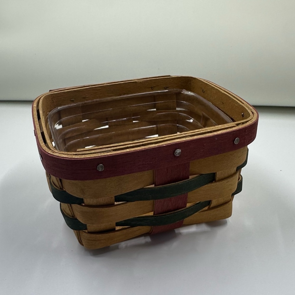Longaberger Small Square Basket with Protector – Red & Green Accent Strips
